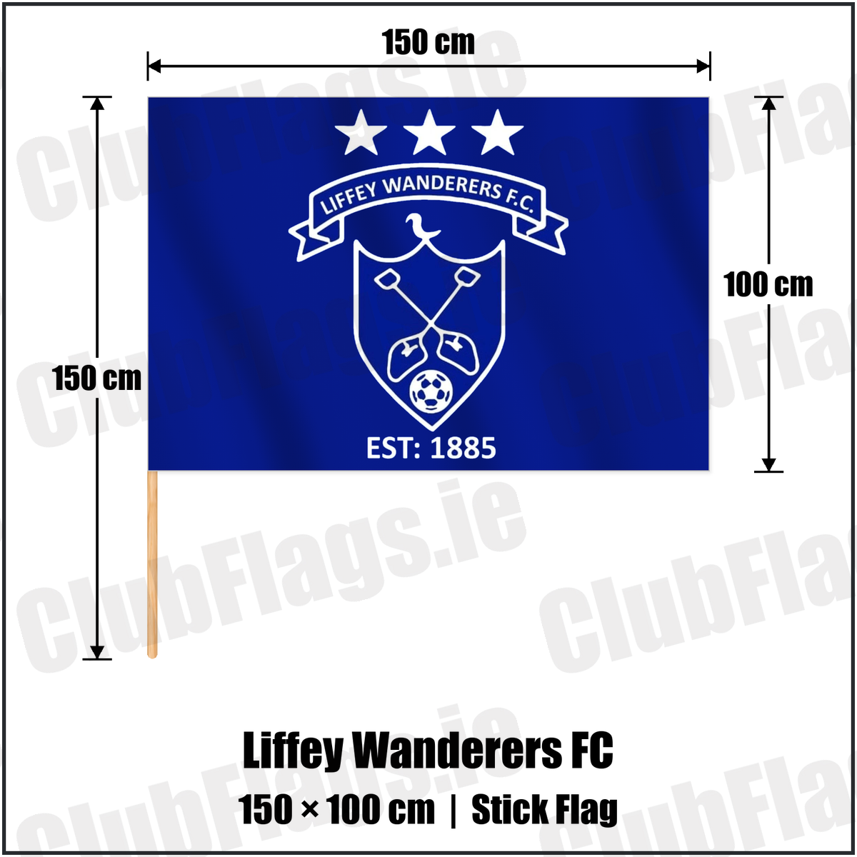 Liffey Wanderers FC 100cm x 150cm Stick Flag with the club crest and colours, Dublin Football - ClubFlags.ie