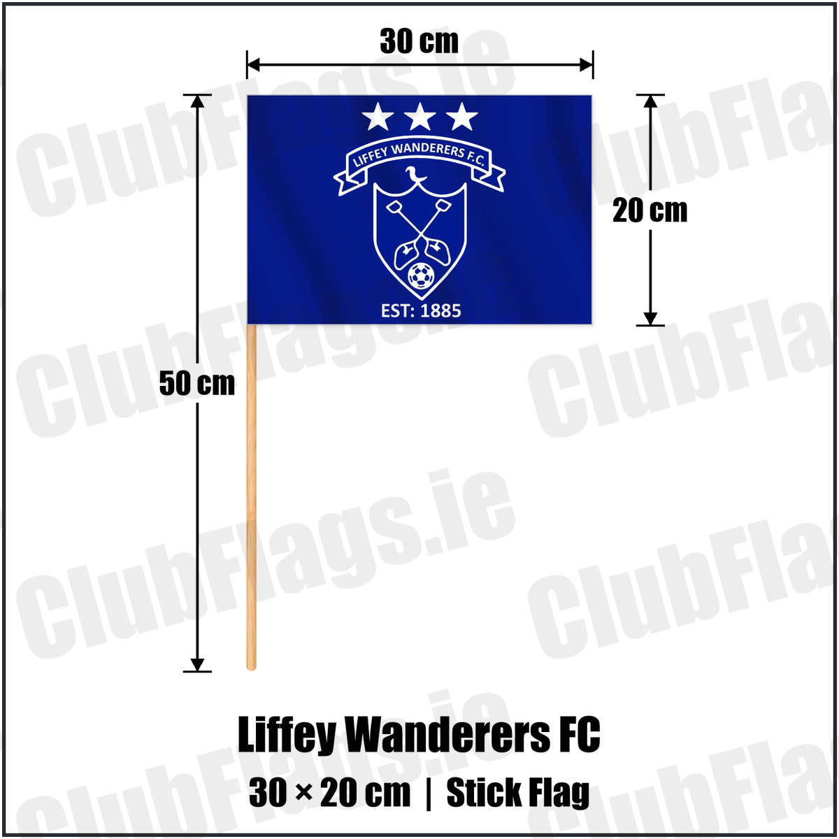 Liffey Wanderers FC 20cm x 30cm Stick Flag with the club crest and colours, Dublin Football - ClubFlags.ie