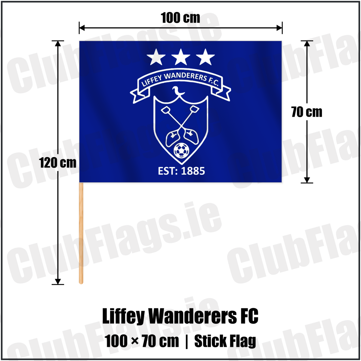 Liffey Wanderers FC 70cm x 100cm Stick Flag with the club crest and colours, Dublin Football - ClubFlags.ie
