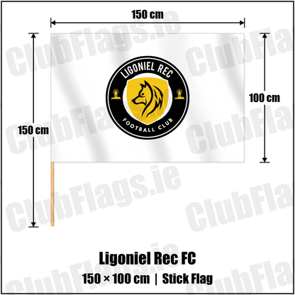 Ligoniel Rec FC 100cm x 150cm Stick Flag with the club crest and colours, Antrim Football - ClubFlags.ie
