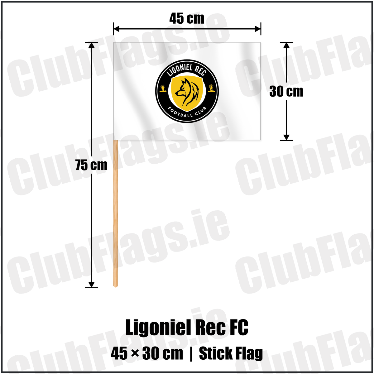 Ligoniel Rec FC 30cm x 45cm Stick Flag with the club crest and colours, Antrim Football - ClubFlags.ie