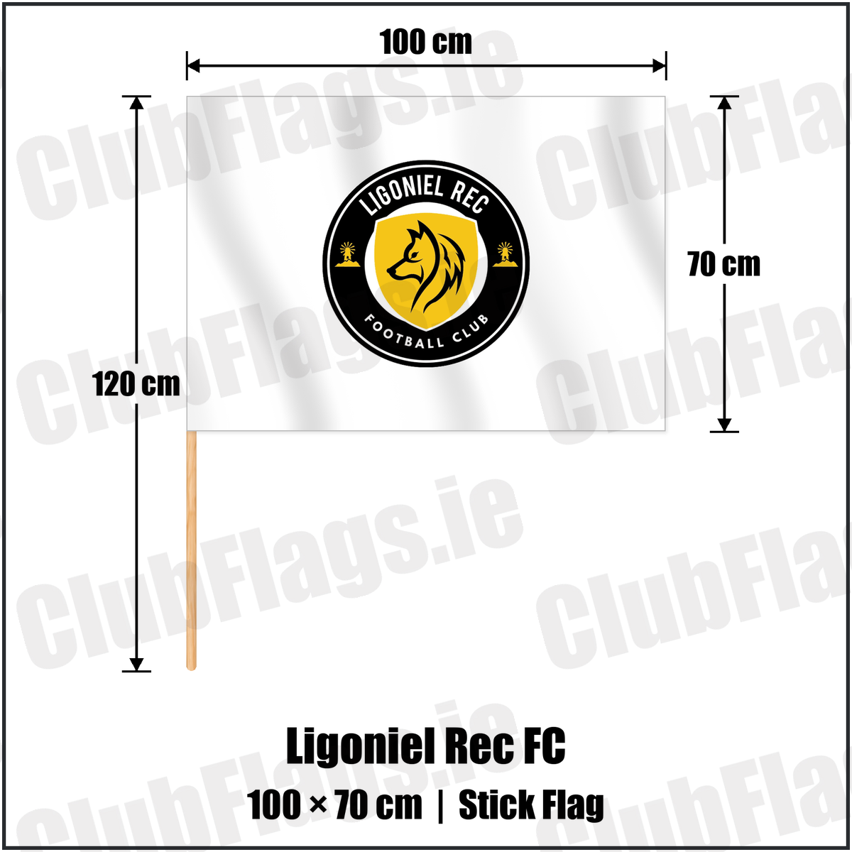 Ligoniel Rec FC 70cm x 100cm Stick Flag with the club crest and colours, Antrim Football - ClubFlags.ie