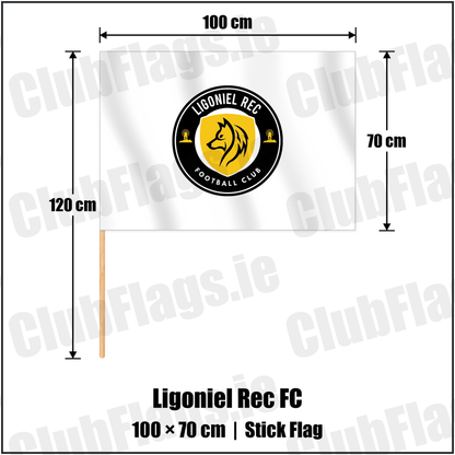 Ligoniel Rec FC 70cm x 100cm Stick Flag with the club crest and colours, Antrim Football - ClubFlags.ie