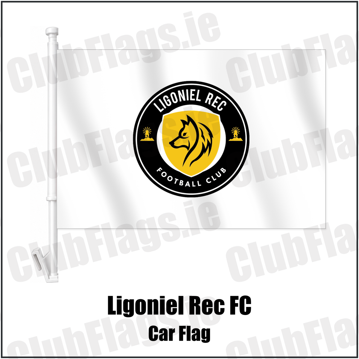 Ligoniel Rec FC Car Flag with the club crest and colours, Antrim Football - ClubFlags.ie