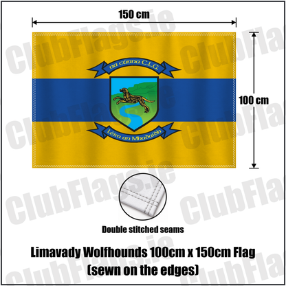 Limavady Wolfhounds 100cm x 150cm Flag (sewn on the edges), featuring the club crest and amber and royal blue colours; County Derry GAA. ClubFlags.ie.