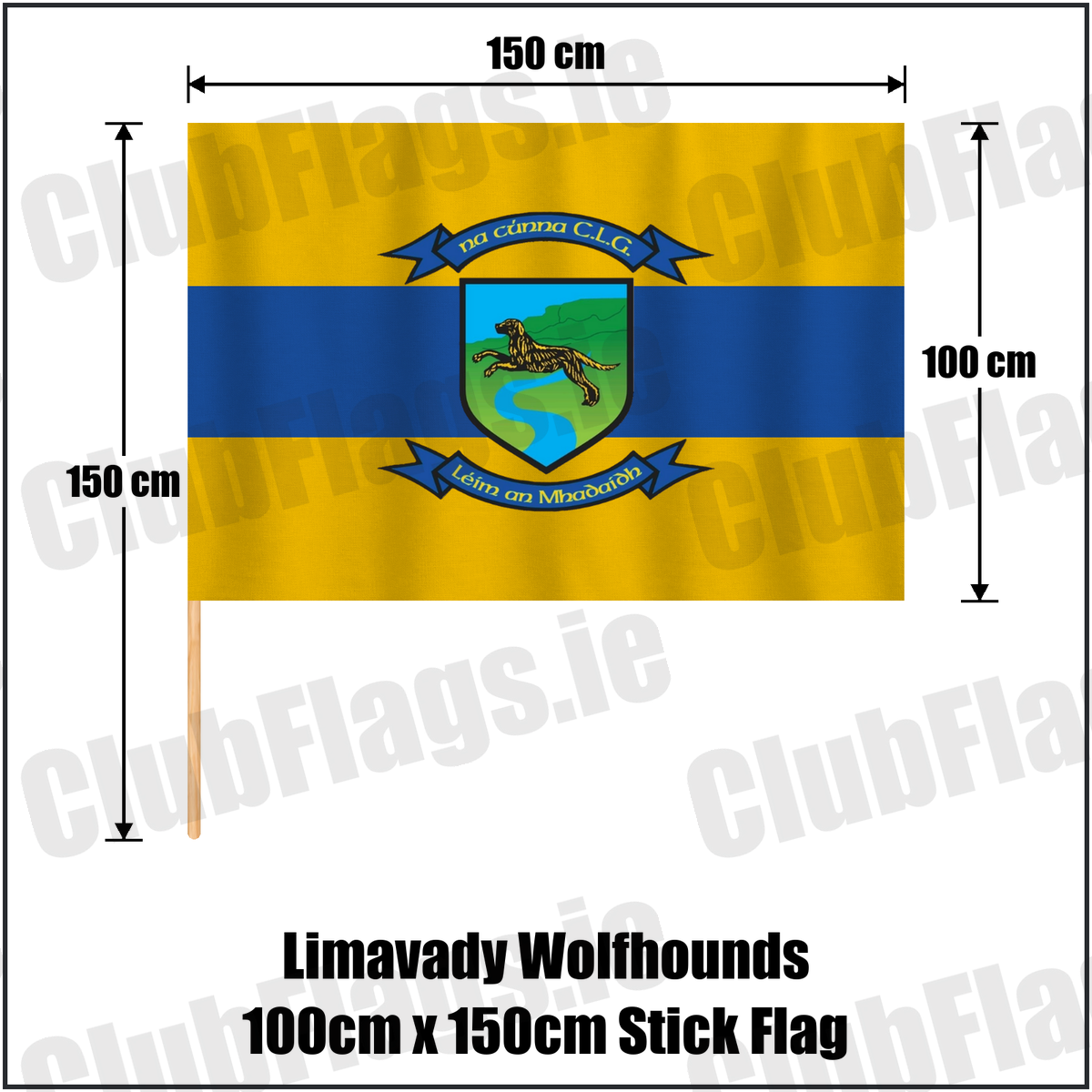 Limavady Wolfhounds 100cm x 150cm Stick Flag, featuring the club crest and amber and royal blue colours; County Derry GAA. ClubFlags.ie.