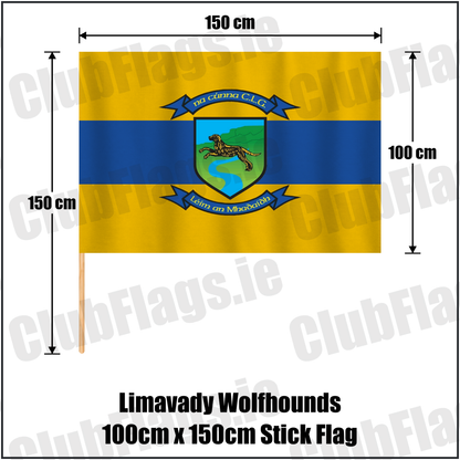 Limavady Wolfhounds 100cm x 150cm Stick Flag, featuring the club crest and amber and royal blue colours; County Derry GAA. ClubFlags.ie.