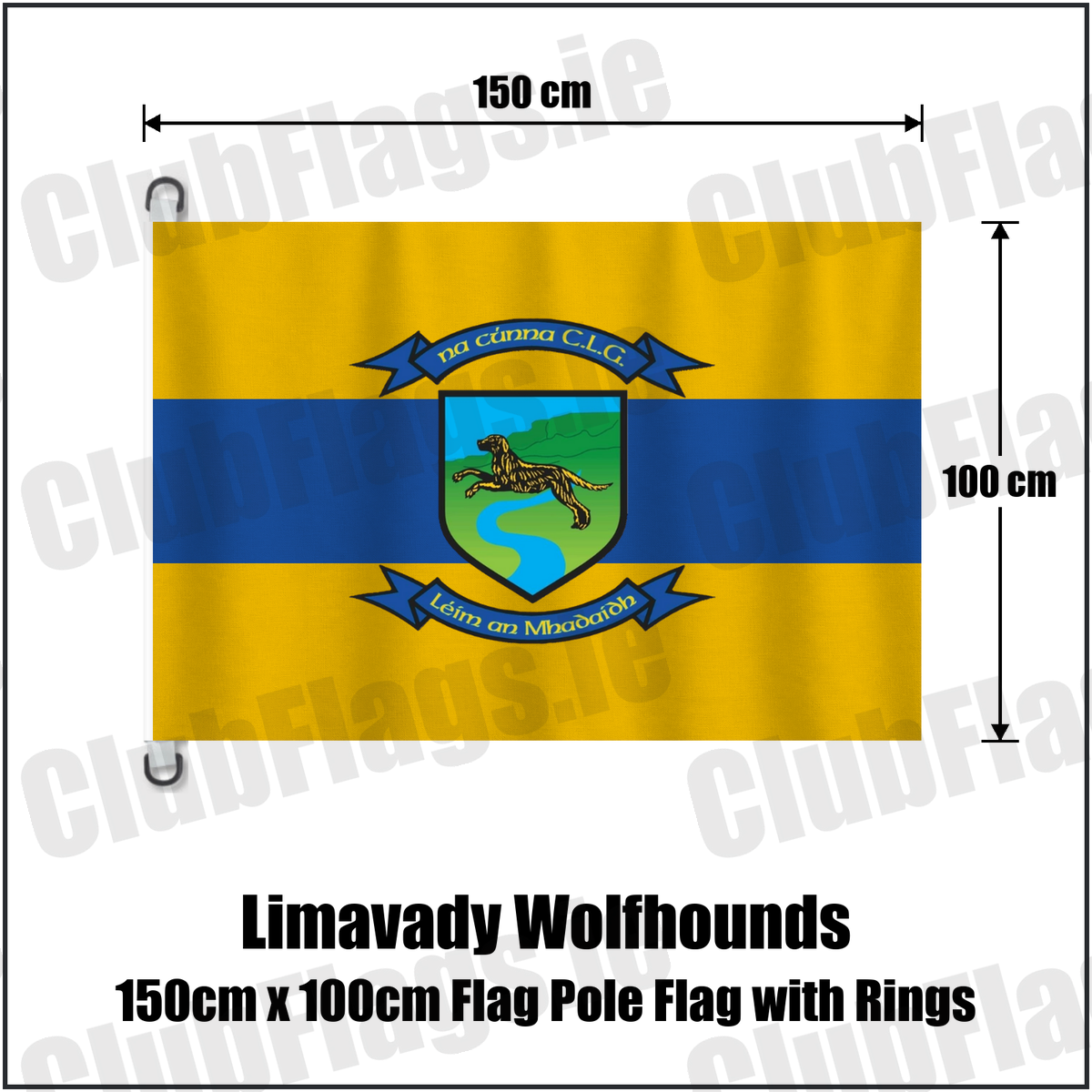 Limavady Wolfhounds 150cm x 100cm Flag Pole Flag with Rings, featuring the club crest and amber and royal blue colours; County Derry GAA. ClubFlags.ie.