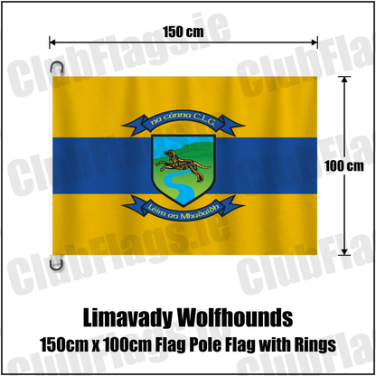 Limavady Wolfhounds 150cm x 100cm Flag Pole Flag with Rings, featuring the club crest and amber and royal blue colours; County Derry GAA. ClubFlags.ie.