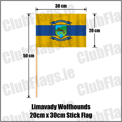 Limavady Wolfhounds 20cm x 30cm Stick Flag, featuring the club crest and amber and royal blue colours; County Derry GAA. ClubFlags.ie.