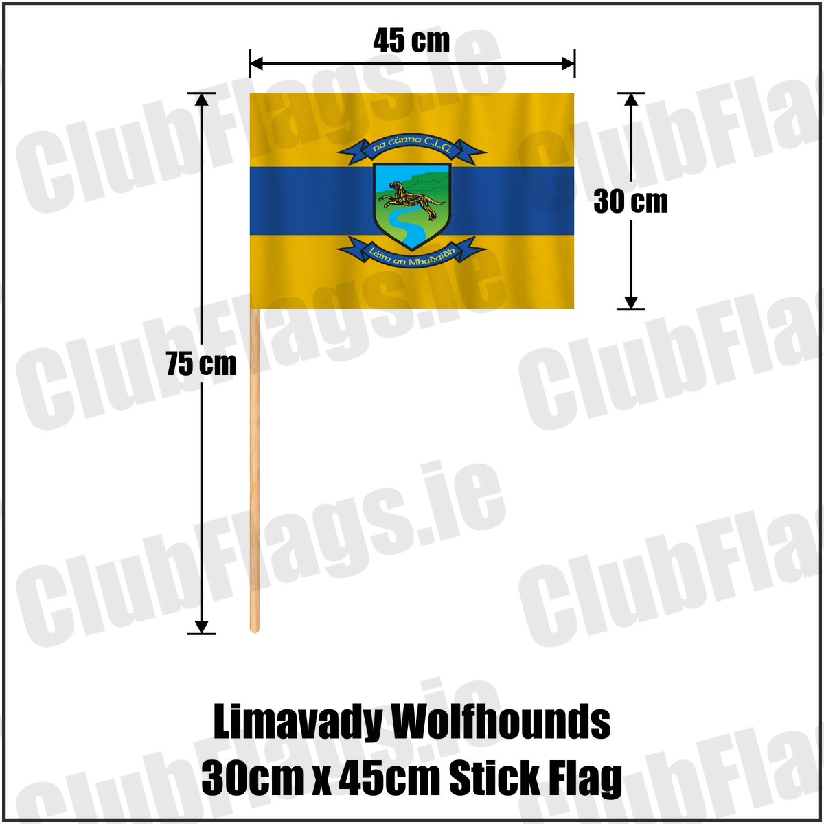 Limavady Wolfhounds 30cm x 45cm Stick Flag, featuring the club crest and amber and royal blue colours; County Derry GAA. ClubFlags.ie.