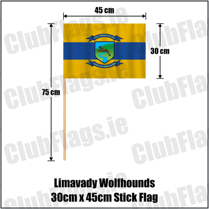 Limavady Wolfhounds 30cm x 45cm Stick Flag, featuring the club crest and amber and royal blue colours; County Derry GAA. ClubFlags.ie.