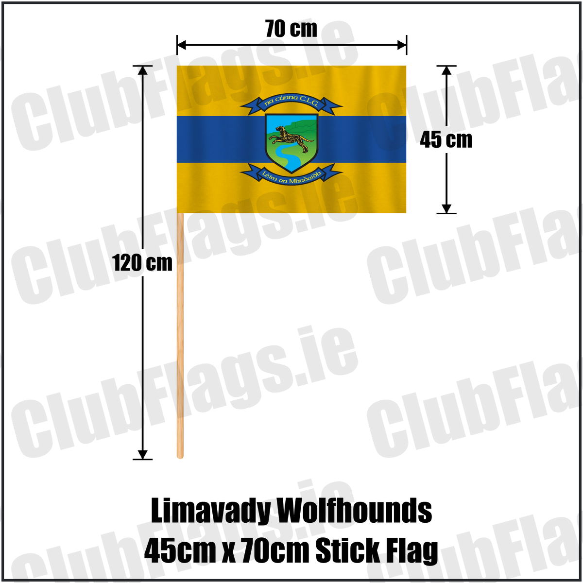 Limavady Wolfhounds 45cm x 70cm Stick Flag, featuring the club crest and amber and royal blue colours; County Derry GAA. ClubFlags.ie.