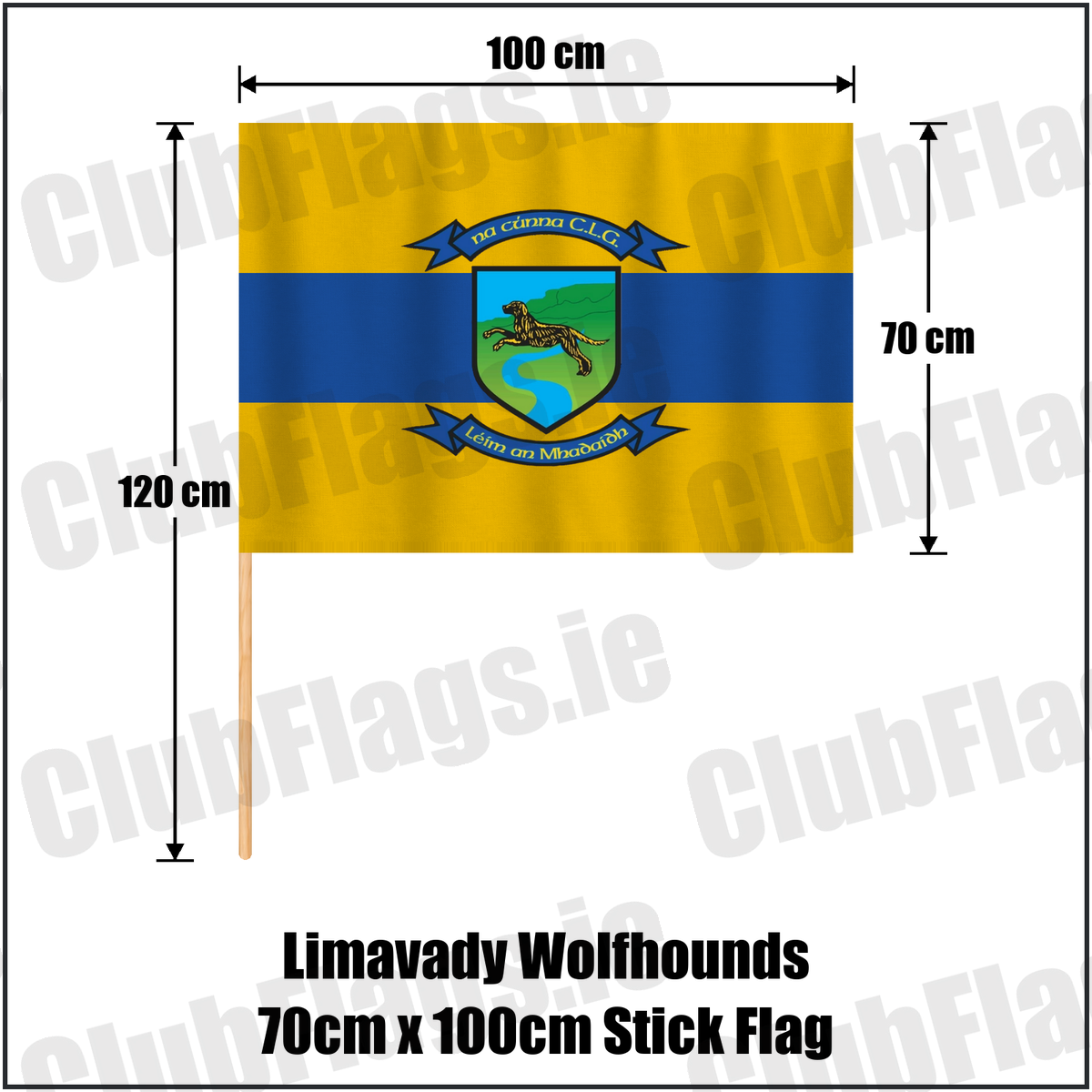 Limavady Wolfhounds 70cm x 100cm Stick Flag, featuring the club crest and amber and royal blue colours; County Derry GAA. ClubFlags.ie.