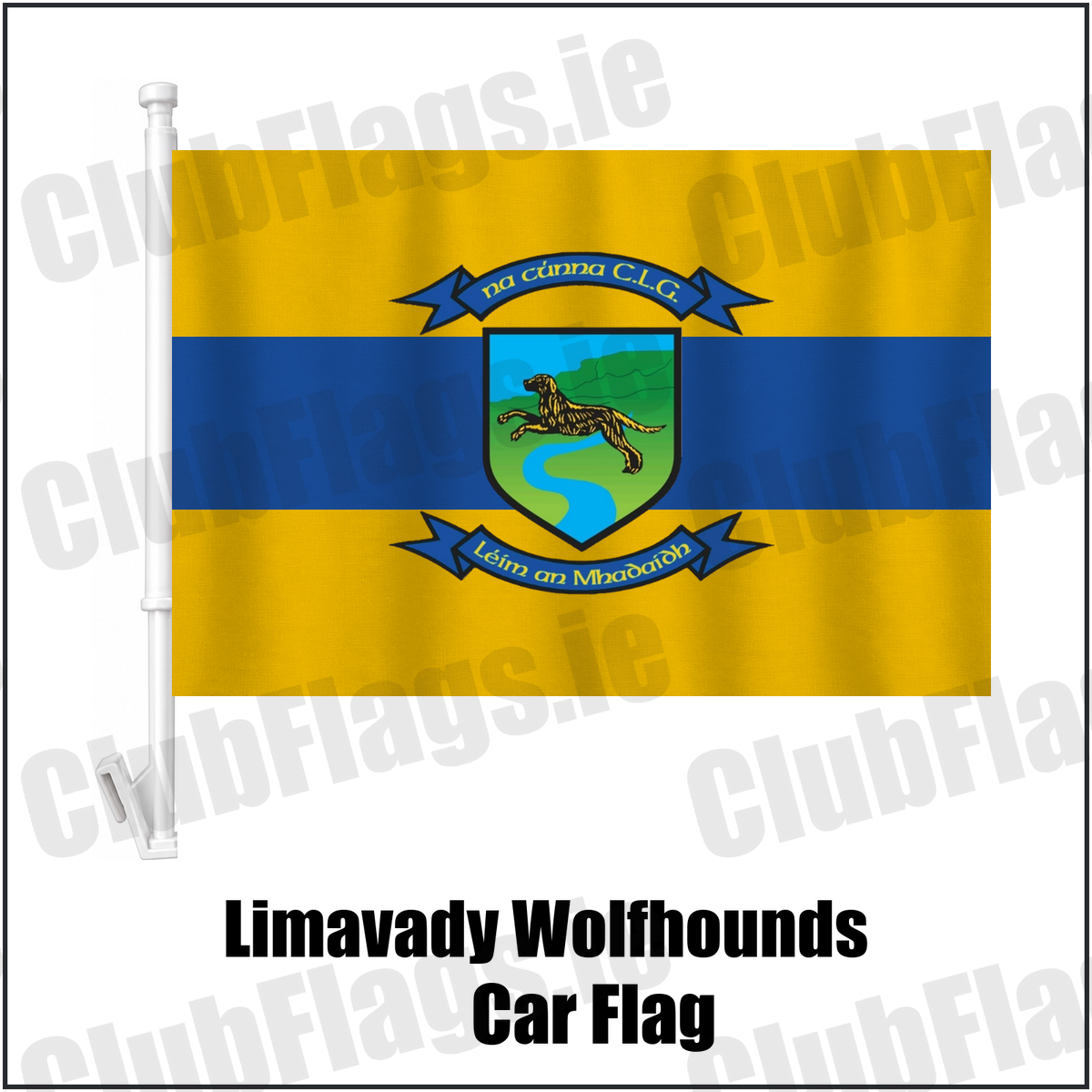 Limavady Wolfhounds Car Flag, featuring the club crest and amber and royal blue colours; County Derry GAA. ClubFlags.ie.