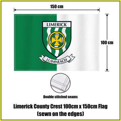 Limerick county crest 100 × 150 cm sewn-edge flag in green and white, with dimension arrows and a double-stitch seam close-up.