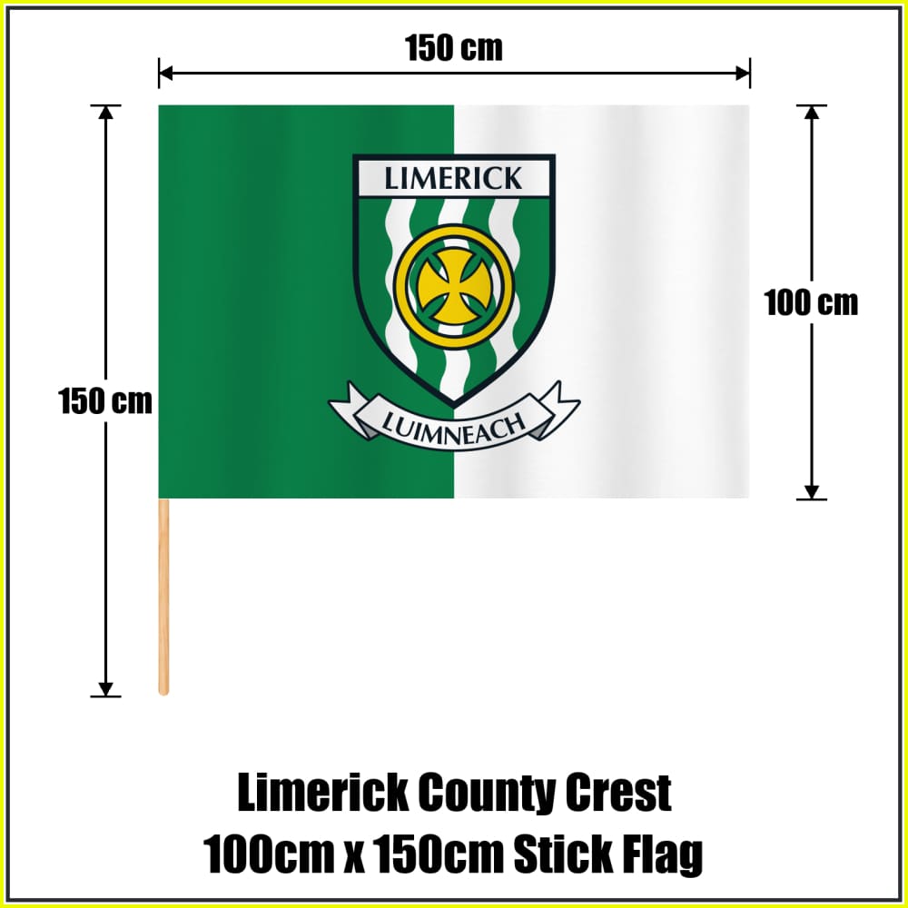 Limerick county crest 100 × 150 cm stick flag in green and white, with a 150 cm wooden stick and dimension arrows.