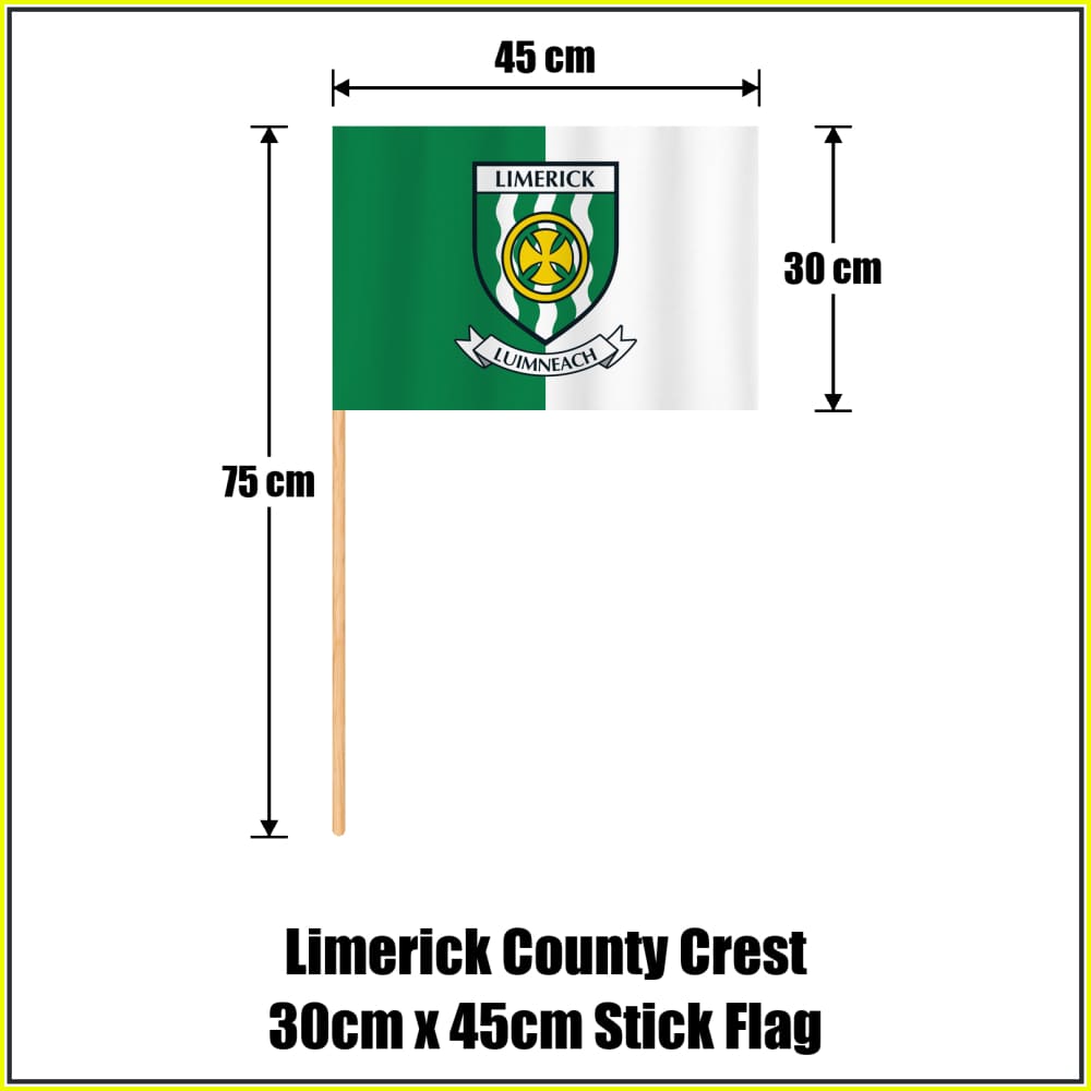 Limerick county crest 30 × 45 cm stick flag in green and white, with a 75 cm wooden stick and dimension arrows.