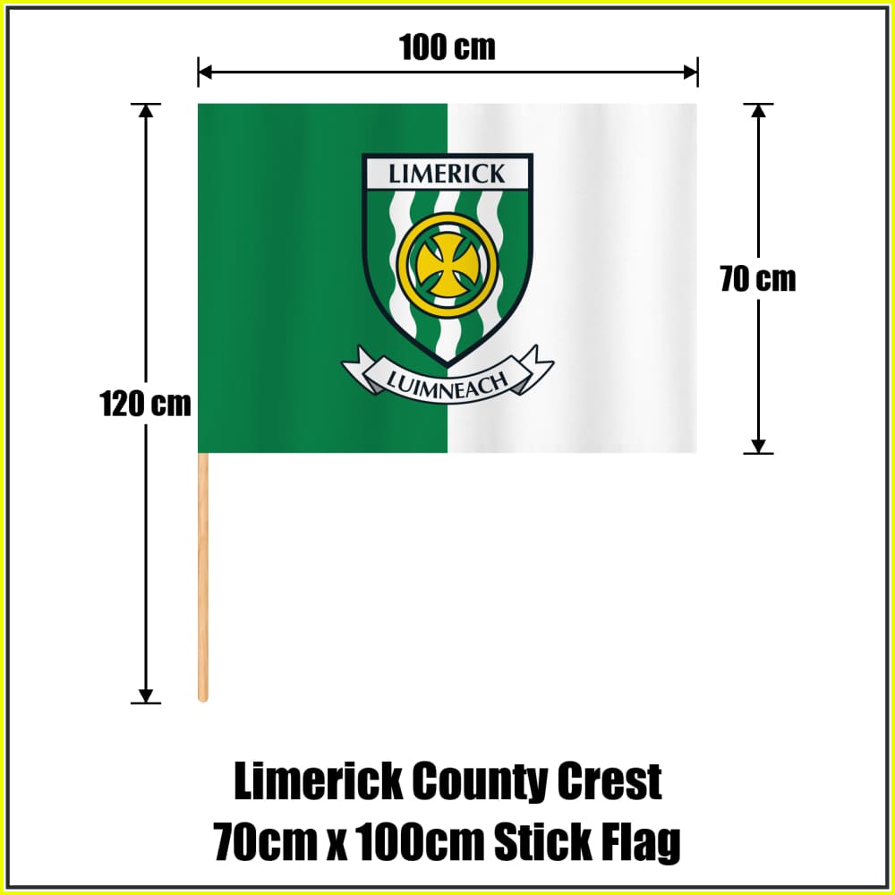 Limerick county crest 70 × 100 cm stick flag in green and white, with a 120 cm wooden stick and dimension arrows.
