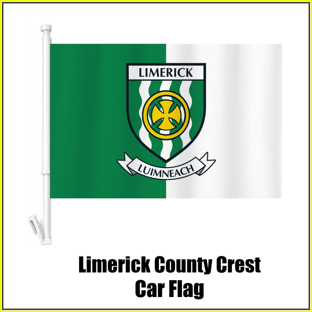 Limerick county crest car flag in green and white, on a white plastic window mount.