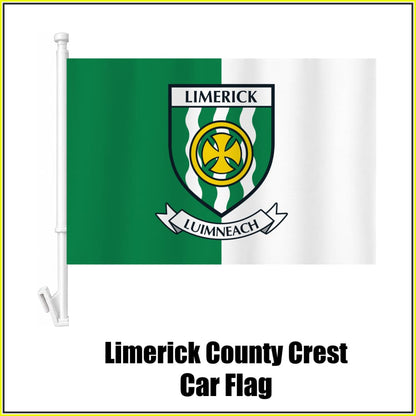Limerick county crest car flag in green and white, on a white plastic window mount.