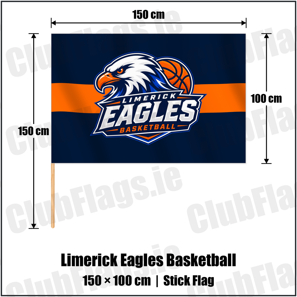 Limerick Eagles Basketball 100cm x 150cm Stick Flag with the verified club crest and colours, Limerick Basketball - ClubFlags.ie