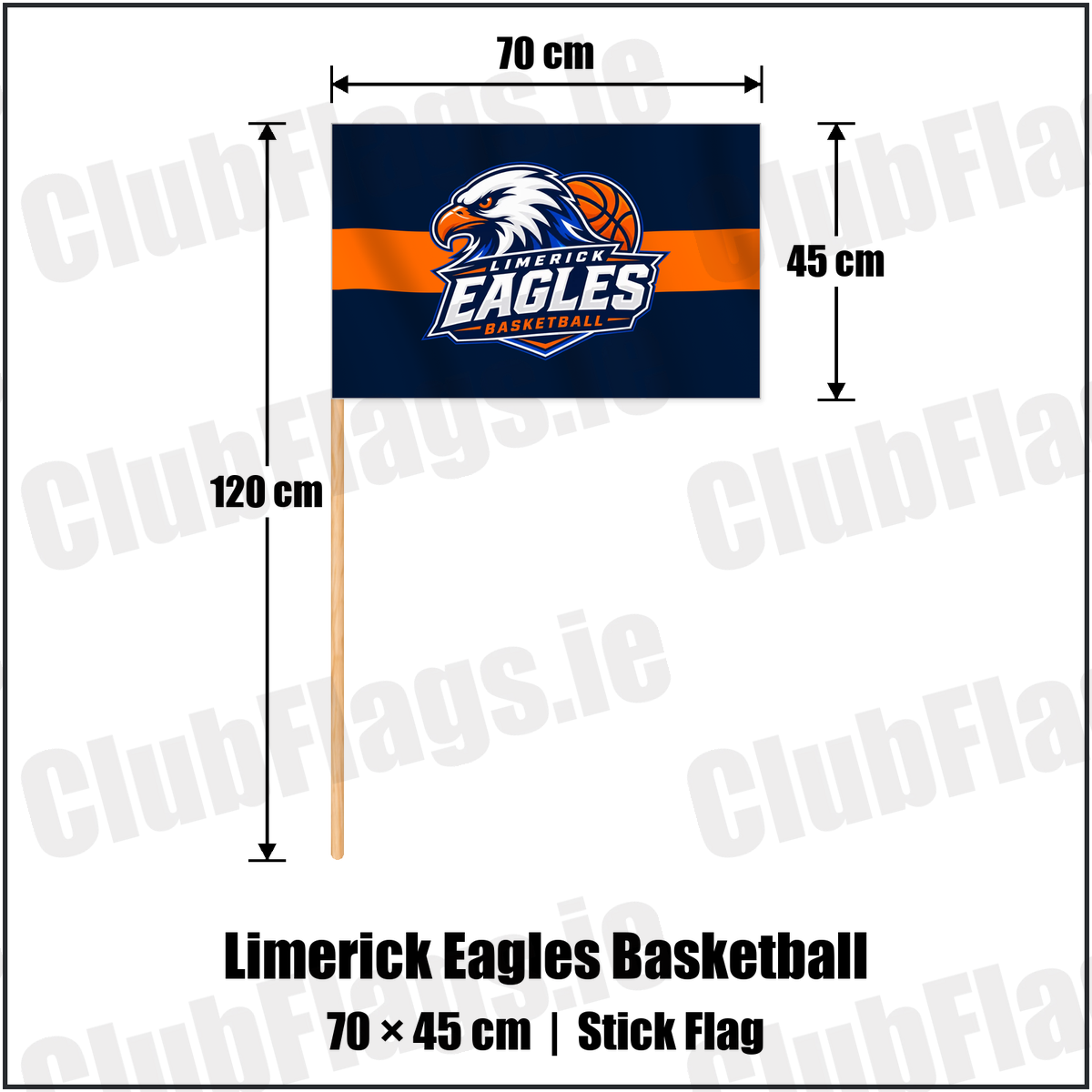 Limerick Eagles Basketball 45cm x 70cm Stick Flag with the verified club crest and colours, Limerick Basketball - ClubFlags.ie