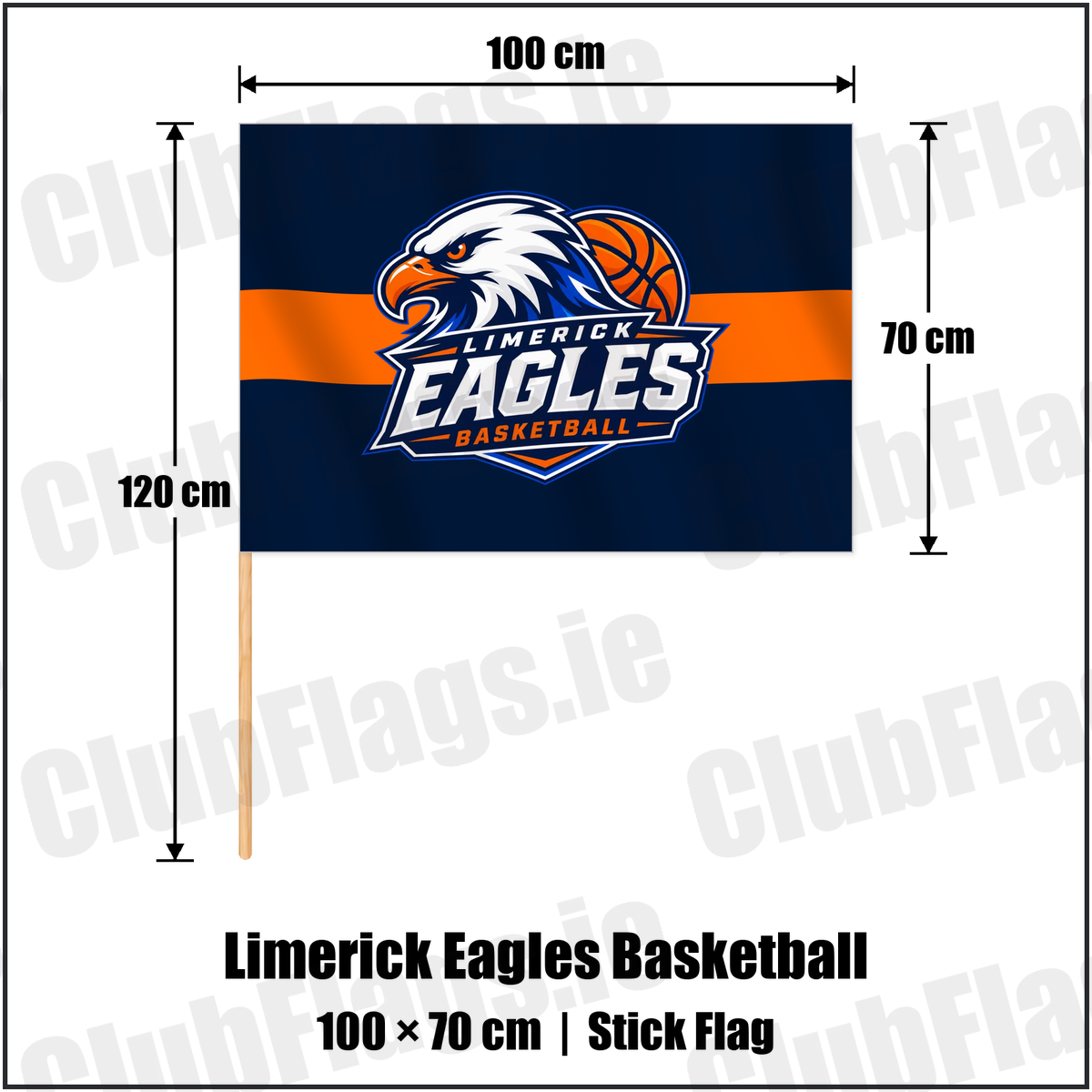 Limerick Eagles Basketball 70cm x 100cm Stick Flag with the verified club crest and colours, Limerick Basketball - ClubFlags.ie