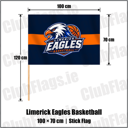 Limerick Eagles Basketball 70cm x 100cm Stick Flag with the verified club crest and colours, Limerick Basketball - ClubFlags.ie