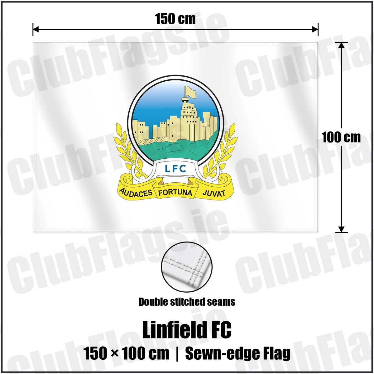 Linfield FC 100cm x 150cm Flag (sewn on the edges) with the club crest and colours, Antrim Football - ClubFlags.ie