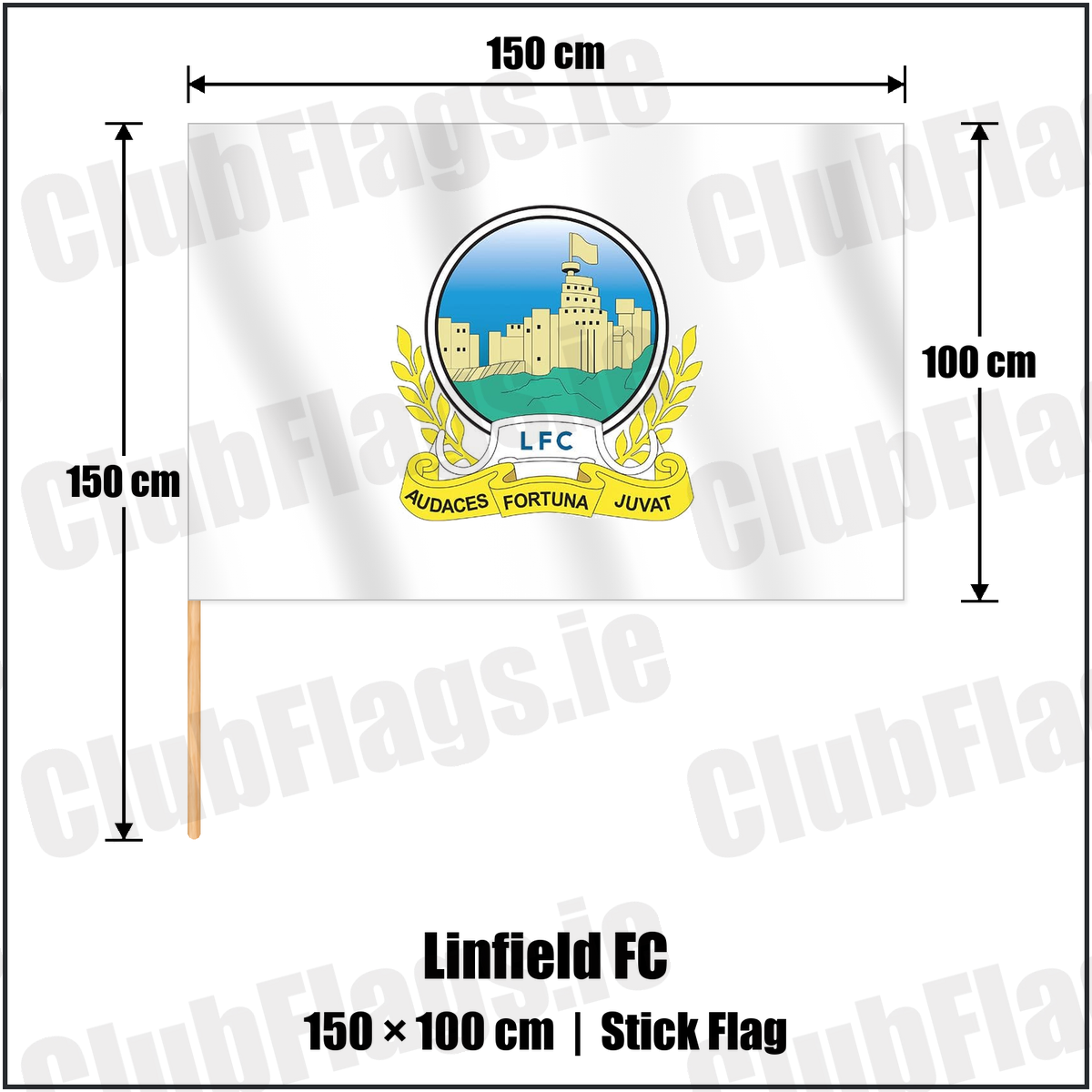 Linfield FC 100cm x 150cm Stick Flag with the club crest and colours, Antrim Football - ClubFlags.ie