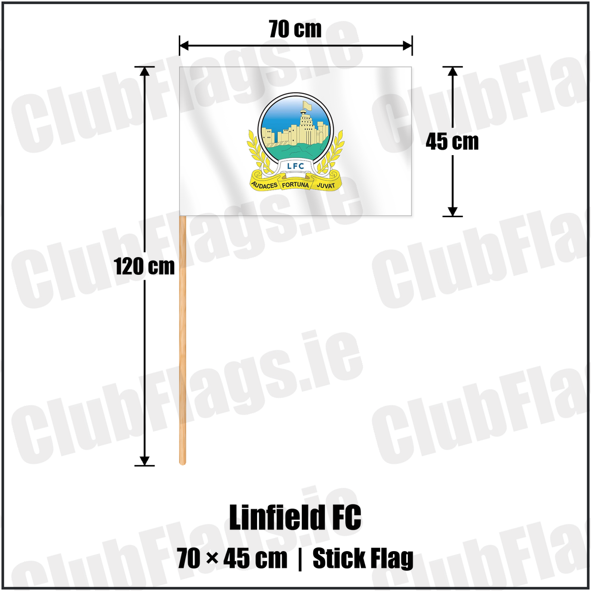 Linfield FC 45cm x 70cm Stick Flag with the club crest and colours, Antrim Football - ClubFlags.ie