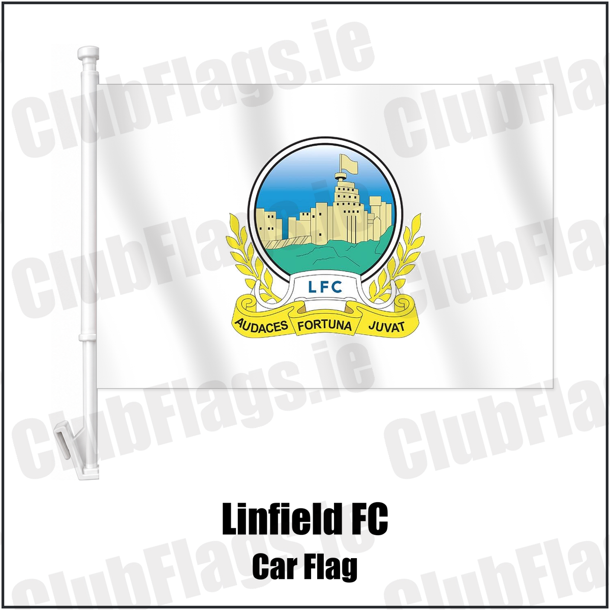 Linfield FC Car Flag with the club crest and colours, Antrim Football - ClubFlags.ie