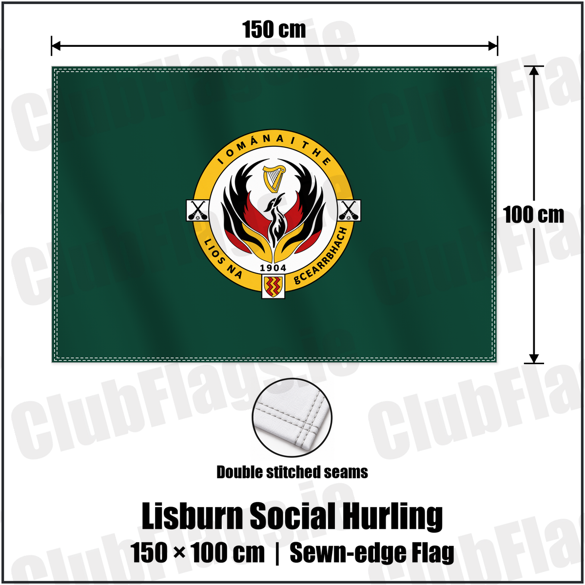 Lisburn Social Hurling 100cm x 150cm Flag (sewn on the edges) with the club crest and colours, Antrim GAA - ClubFlags.ie