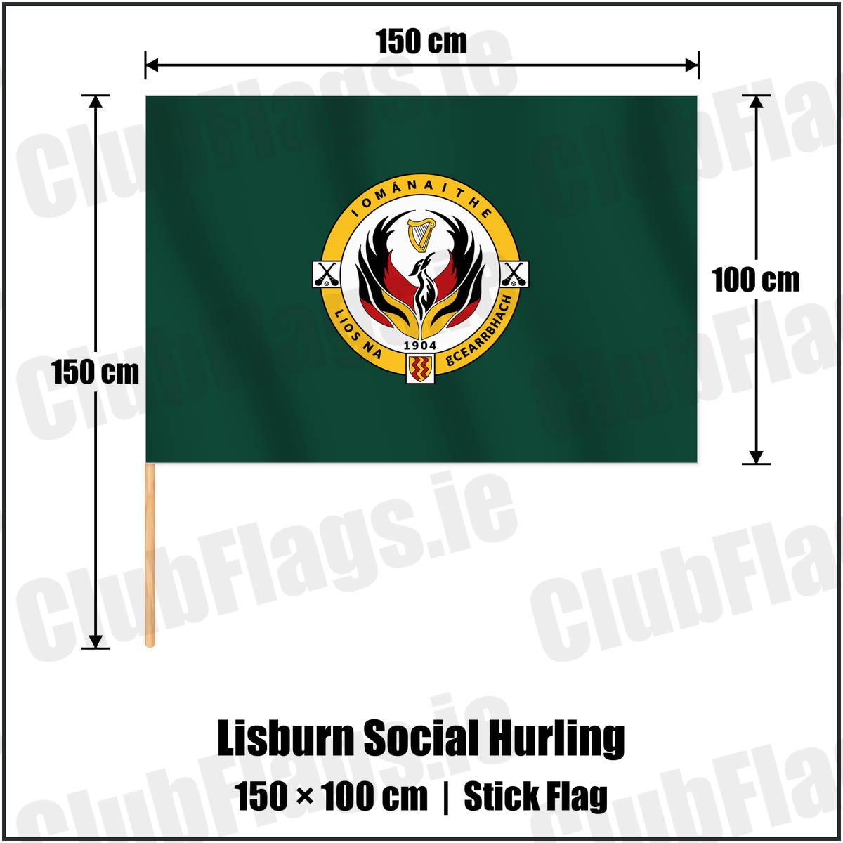 Lisburn Social Hurling 100cm x 150cm Stick Flag with the club crest and colours, Antrim GAA - ClubFlags.ie