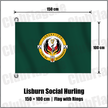 Lisburn Social Hurling 150cm x 100cm Flag Pole Flag with Rings with the club crest and colours, Antrim GAA - ClubFlags.ie