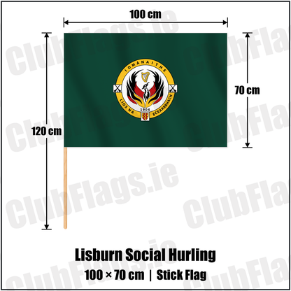 Lisburn Social Hurling 70cm x 100cm Stick Flag with the club crest and colours, Antrim GAA - ClubFlags.ie