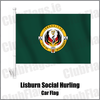 Lisburn Social Hurling Car Flag with the club crest and colours, Antrim GAA - ClubFlags.ie