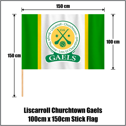 Liscarroll Churchtown Gaels 100cm x 150cm Stick Flag, featuring the club crest and green and white and gold colours; County Cork GAA. ClubFlags.ie.