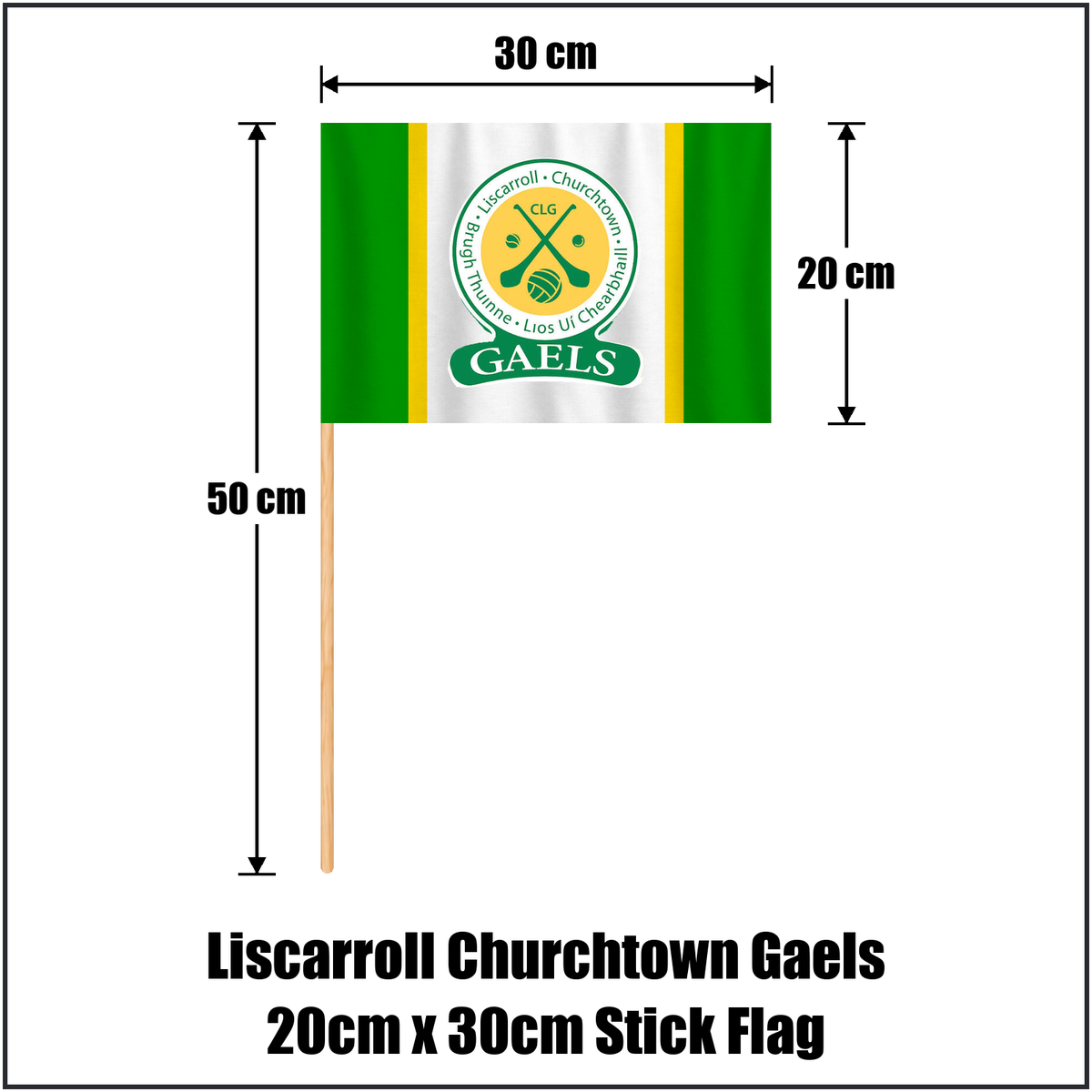 Liscarroll Churchtown Gaels 20cm x 30cm Stick Flag, featuring the club crest and green and white and gold colours; County Cork GAA. ClubFlags.ie.