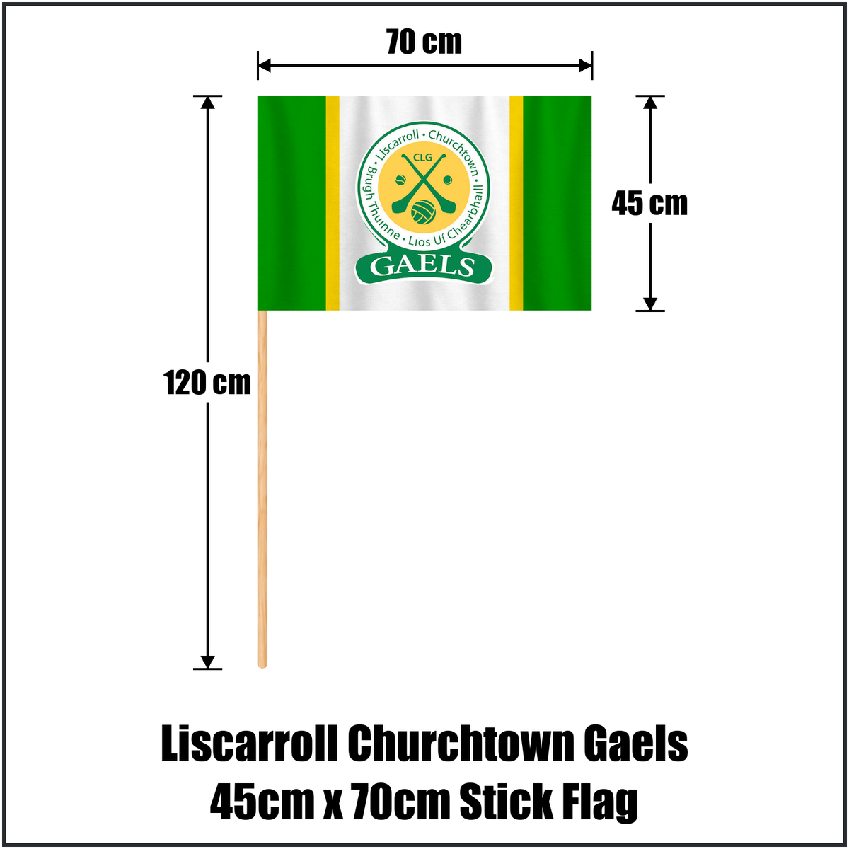 Liscarroll Churchtown Gaels 45cm x 70cm Stick Flag, featuring the club crest and green and white and gold colours; County Cork GAA. ClubFlags.ie.