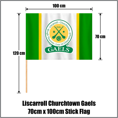 Liscarroll Churchtown Gaels 70cm x 100cm Stick Flag, featuring the club crest and green and white and gold colours; County Cork GAA. ClubFlags.ie.