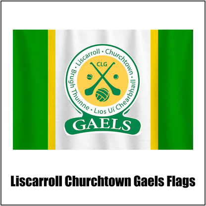 Liscarroll Churchtown Gaels Flags, featuring the club crest and green and white and gold colours; County Cork GAA. ClubFlags.ie.