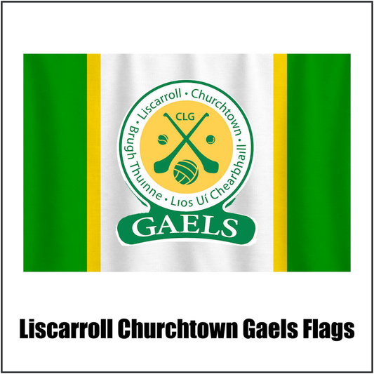 Liscarroll Churchtown Gaels Flags, featuring the club crest and green and white and gold colours; County Cork GAA. ClubFlags.ie.