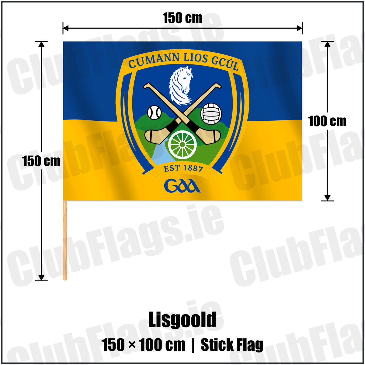 Lisgoold 100cm x 150cm Stick Flag with the verified club crest and colours, Cork GAA - ClubFlags.ie
