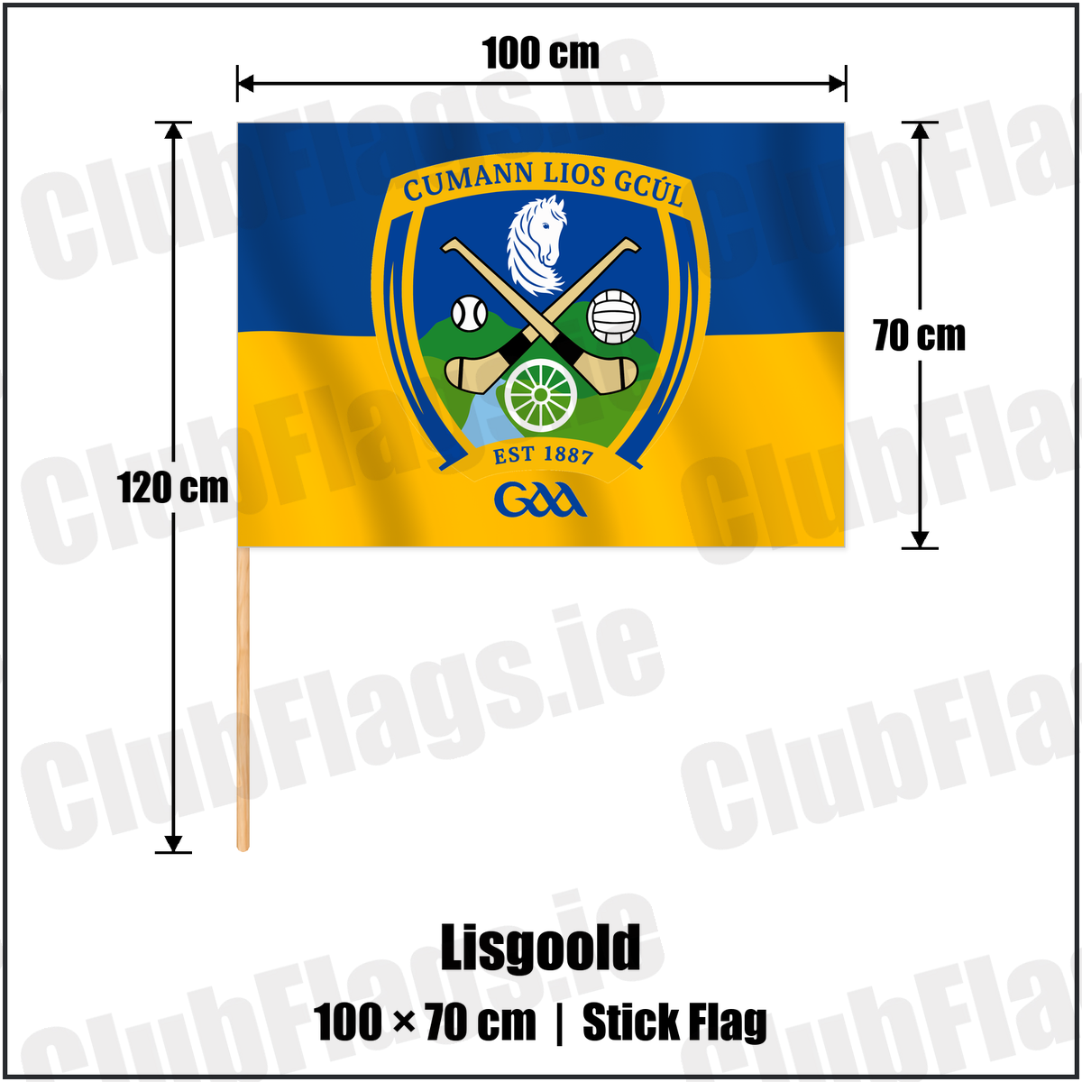 Lisgoold 70cm x 100cm Stick Flag with the verified club crest and colours, Cork GAA - ClubFlags.ie