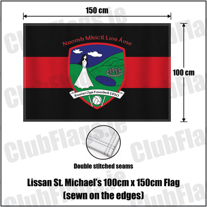 Lissan St. Michael’s 100cm x 150cm Flag (sewn on the edges), featuring the club crest and red and black colours; County Derry GAA. ClubFlags.ie.