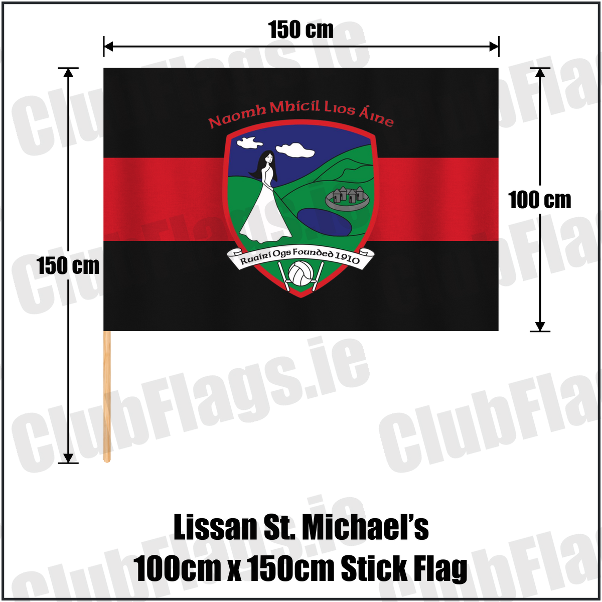 Lissan St. Michael’s 100cm x 150cm Stick Flag, featuring the club crest and red and black colours; County Derry GAA. ClubFlags.ie.