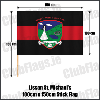 Lissan St. Michael’s 100cm x 150cm Stick Flag, featuring the club crest and red and black colours; County Derry GAA. ClubFlags.ie.