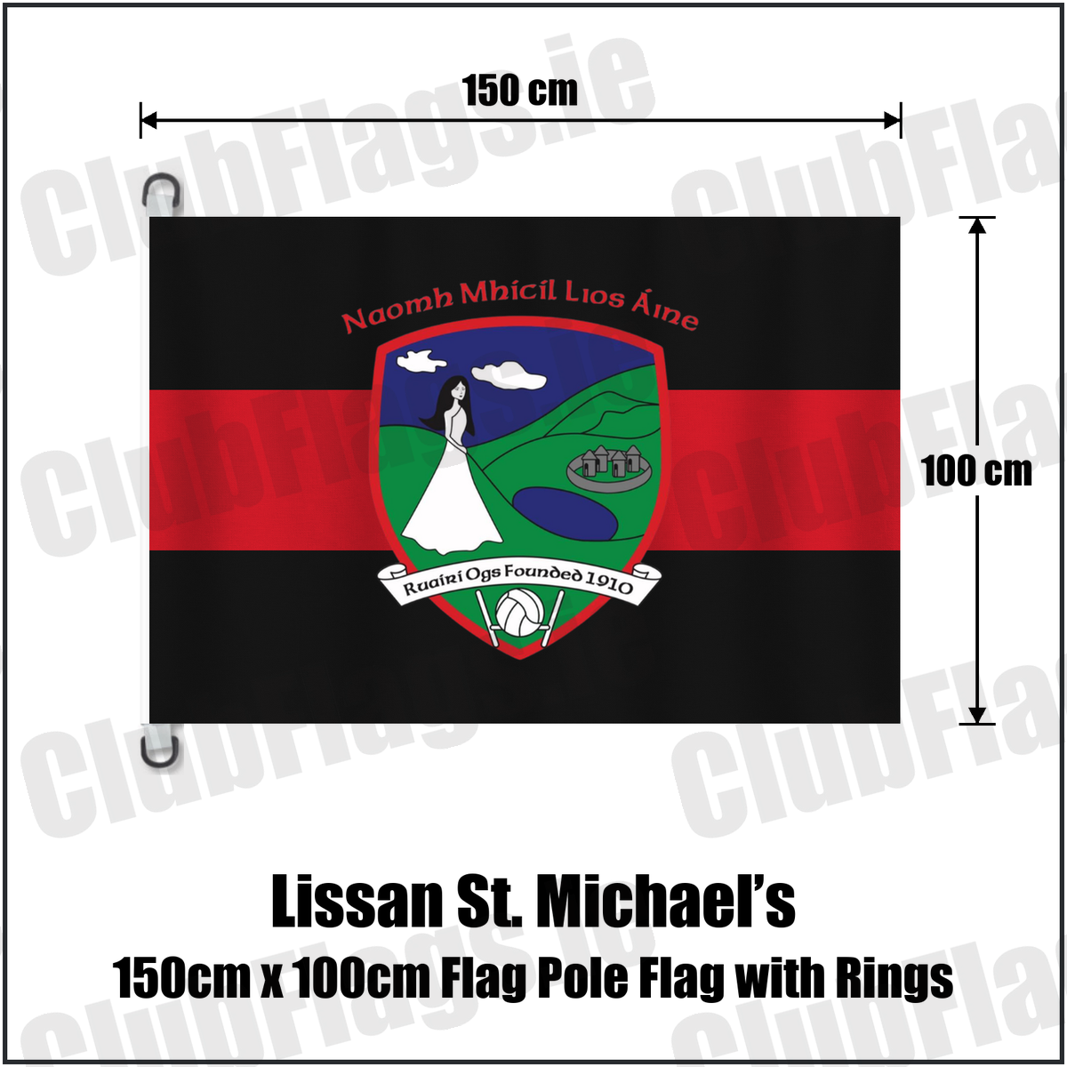 Lissan St. Michael’s 150cm x 100cm Flag Pole Flag with Rings, featuring the club crest and red and black colours; County Derry GAA. ClubFlags.ie.